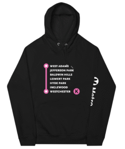 LA Metro hooded sweatshirt featuring purple K line stops.