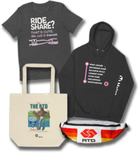 LA Metro merchandise, including T-shirt, hoodie, tote bag and fanny pack.