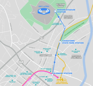 Map of proposed Los Angeles gondola route from Union Station to Dodger Stadium.