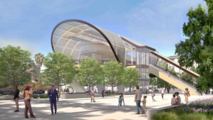 Rendering of a Los Angeles Aerial Rapid Transit station by RIOS.
