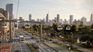 Rendering of Whoosh gondola cable car in city landscape.