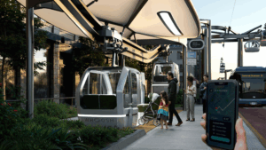 Rendering of Whoosh cable car station with family boarding and phone app in foreground.