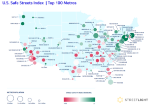 U.S. map displaying Safe Street Index with varying circles and colors for cities