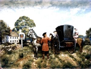Painting depicting Deputy Postmaster General Benjamin Franklin inspecting the Boston Post Road, a part of the King’s Highway, with his daughter in 1763 as a post rider delivers a message.
