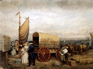 Carl Rakeman painting of the Flying Machine stagecoach circa 1776.