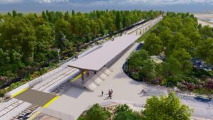 Rendering of longer boarding train platform at Foxboro Station, Massachusetts, among many improvements by transit agencies preparing for the World Cup.