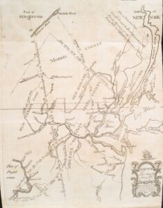 The routes of two spurs of the King’s Highway in 1747 map coming out of Philadelphia, merging in central New Jersey, and heading north to the area of Elizabeth, where travelers continued by ferry to New York City.