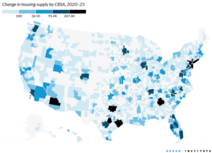 U.S. map indicating chang in housing supply by U.S. Census-defined core based statistical area, 2020-25.