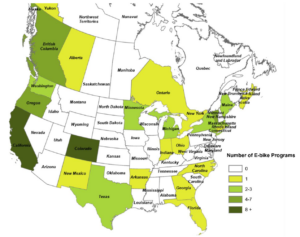 Map of North America displaying the number of e-bike incentive programs.