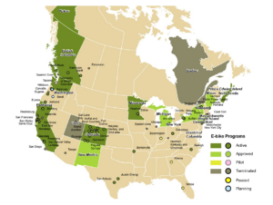 Map of North America displaying active e-bike incentive programs.
