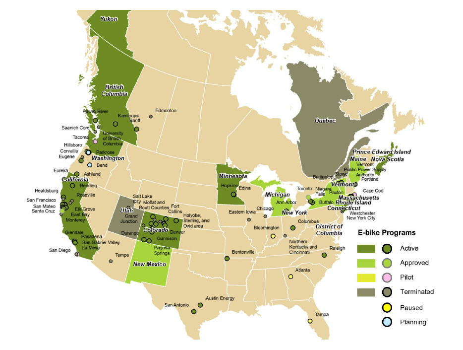 Map of North America displaying active e-bike incentive programs.