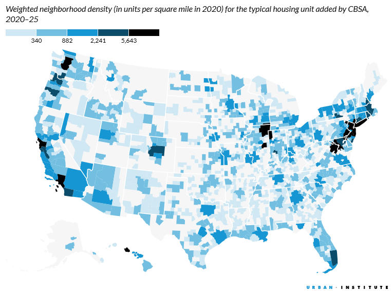 U.S. map indicating weighted neighborhood density for typical housing unit added by U.S. Census-defined core based statistical area.