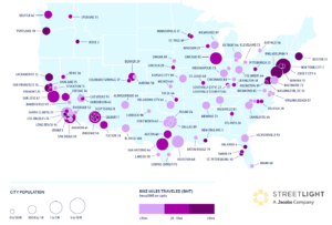 Map of U.S. with bike miles traveled in cities represented by circle size.