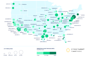 Map of U.S. with pedestrian miles traveled in cities represented by circle size.